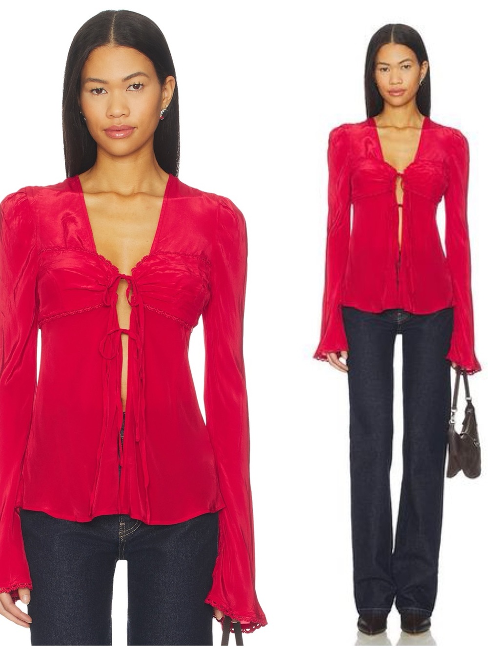 NWT Free People Bali Ariel Tunic Tie Top Embroidered Bell Sleeve Red Women’s Med